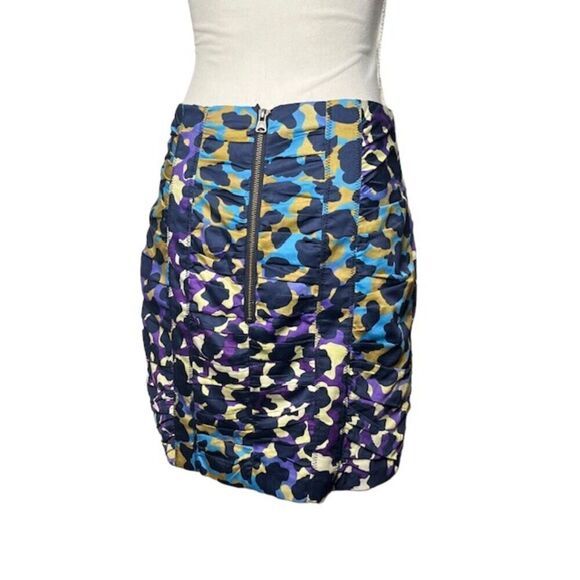 Nanette Lepore Multi color Print Skirt Navy Cream Purple Blue Ruched Size 6 - Picture 3 of 9